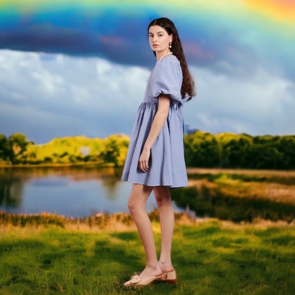 Sister Jane Pebble Gingham Mini Dress in Blue/White Sz 16 - Picture 2 of 15